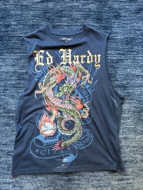 Ed Hardy Navy Dragon Print Sleeveless Tee